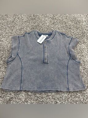 NWT Entro Blue Waffle Knit Sleeveless Henley Top Womens Medium